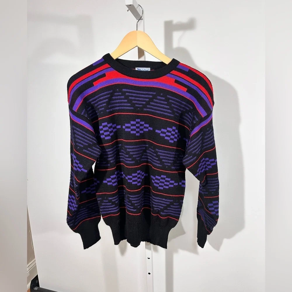 Vintage Hong Kong Meister Abstract Knit Sweater – Black / Purple / Red – medium